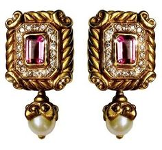 Vahe Naltchayan 18K Yellow Gold Pink Tourmaline Diamond Pearl Scroll Earrings | eBay 22k Gold Gemstone Earrings For Formal Occasions, Luxury 22k Gold Earrings For Formal Occasions, Designer Gemstone Earrings For Formal Occasions, Designer Formal Gemstone Earrings, Elegant Temple Jewelry Earrings For Formal Occasions, Traditional Pink Earrings For Formal Occasions, Formal Temple Jewelry Earrings With Gemstone, Pearl Vintage, Tourmaline Earrings