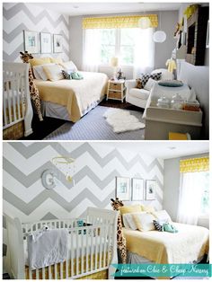 two pictures of a baby's room with chevron wallpaper and bedding