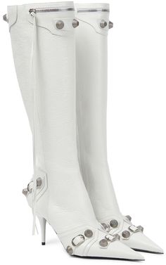 Balenciaga Boots, Trendy High Heels, White Balenciaga, White Motorcycle, Pointy Heels, Black Knee High Boots, Womens Stilettos, Zipper Boots, Black Knees