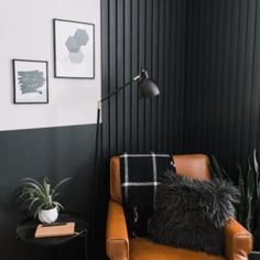 a living room with black and white walls, leather chairs and potted plants in the corner