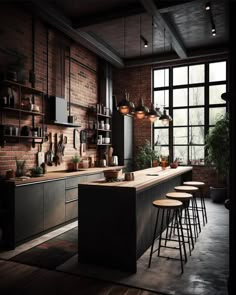 an industrial style kitchen with brick walls and wooden flooring is pictured in this image