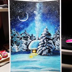 a painting of a snowy night with a house and trees in the foreground, surrounded by cupcakes