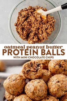 oatmeal peanut butter protein balls with mini chocolate chips in a glass bowl