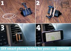 Phone Holder For Car, Sippy Cups, Diy Holder, Binder Clips, Car Hacks, Road Trip Hacks