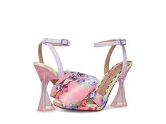 Blue by Betsey Johnson Pollie - Women's Shoes : Pink Multi : Glam up your look with the unique and vibrant charm of the Blue by Betsey Johnson Pollie sandals. Textile upper with floral printed details. Synthetic lining with a padded footbed. Adjustable buckle closure on the ankle strap. Open square toe silhouette. Oversized puffy bow detail on the vamp. Clear flared heel. Brand name embossed on the footbed. Durable synthetic outsole. Imported. Measurements: Heel Height: 4 in Product measurements Betsey Johnson Flower Shoes, Open Toe Sandals With Floral Print For Evening, Spring Strap Open Toe Heels, Floral Print Open Toe Sandals For Evening, Evening Floral Print Open Toe Sandals, Fitted Open Heel Sandals For Spring, Floral Print Open Heel Sandals For Evening, Formal Floral Print Open Toe Sandals, Spring Wrapped Heel Slingback Sandals