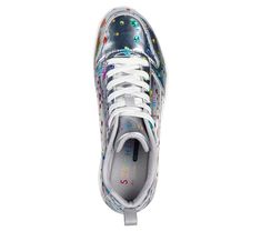 Stand out with vibrant style in Skechers Street Uno - Metallic Lava. This lace-up fashion sneaker features a metallic synthetic durapatent upper with allover raindrop print, Skechers Air-Cooled Memory Foam insole, and a visible Skech-Air midsole. | Skechers Women's Uno - Metallic Lava Sneaker | Medium Width | Skechers Air-Cooled Memory Foam comfort insole | Skech-Air visible airbag midsole | Metallic synthetic durapatent upper with allover raindrop | Lace-up fashion sneaker design | Flexible tra Casual Metallic Sneakers With Speckled Midsole, Casual Metallic Sneakers With Perforated Toe Box, Multicolor Perforated Lace-up Sneakers, 2 Inch Heels, Skechers Women, Wide Shoes, Designer Sneakers, Shopping Hacks, Memory Foam