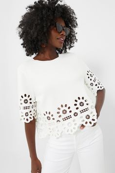 White Elysse Embroidery Short Sleeve Top | Sea New York Elegant Spring Top With Cutwork Hem, Elegant Tops With Cutwork Hem For Spring, Elegant Cutwork Tops For Spring, White Chic Embroidered Top With Floral Design, Chic White Embroidered Top With Floral Embroidery, Chic White Embroidered Top With Floral Design, Chic White Floral Embroidered Top, Feminine White Embroidered Top, Chic White Embroidered Top With Lace Trim