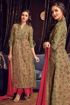 Desirable Green Colored Chanderi Pakistani Salwar Suit Collar Kurti Design, Pakistani Salwar Suit, Ladies Suit Design, Ladies Suits Indian, Printed Salwar Suit, Printed Kurti Designs, Suit Dupatta, Pakistani Salwar