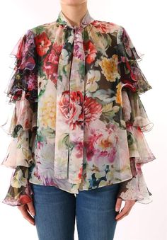 Dolce & Gabbana Shirt Flower Silk Luxury Floral Print Blouse, Luxury Silk Shirt With Floral Print, Silk Long Sleeve Top With Baroque Print, Luxury Floral Embroidery Button-up Blouse, Designer Floral Print Button-up Blouse, Tie Scarf, Scarf Tying, Flower Shirt, Mixing Prints