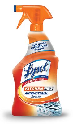 a bottle of lysol kitchen pro antibacterial cleaner on a white background