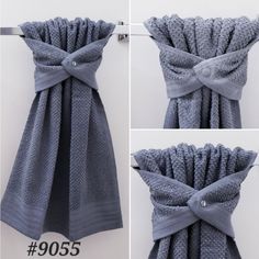 three pictures of the same towel hanging on a wall, one with a bow tie