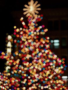 a brightly lit christmas tree in front of a building