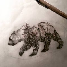 a pencil drawing of a bear with trees on it's back and the tail