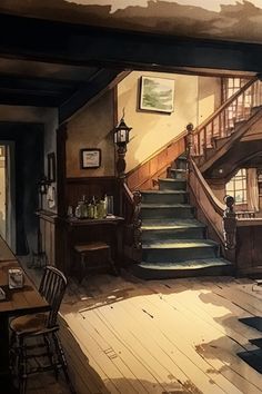 a watercolor painting of a living room with stairs leading up to the second floor