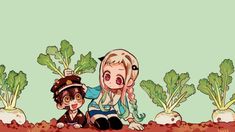 two people are sitting in the dirt near some plants and carrots with green leaves