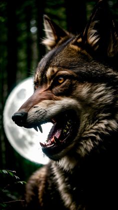 a wolf with it's mouth open in front of a full moon