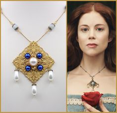 Medieval Necklace - Spanish Princess - Tudor Necklace, Renaissance Jewelry, Medieval Jewelry, Catherine of Aragon, Tudor Jewelry, Replica: *This item will be made just for you and will take about 3 to 5 business days to ship. This eye catching necklace is a replica of a necklace worn by Charlotte Hope in her portrayal of Catherine of Aragon in the Spanish Princess. The center piece is a large, sturdy brass filigree measuring approximately 2 1/4 inches top to bottom. In the center is a raised lar Medieval Jewelry Diy, Spanish Necklace, Spanish Princess Catherine, Tudor Necklace, Anne Boleyn Necklace, History Clothes, Medieval Sewing, Tudor Jewelry, Charlotte Hope