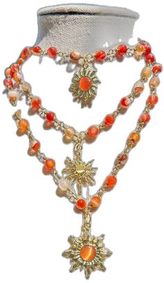 Bohemian Crystal Necklaces With Colorful Beads, Bohemian Crystal Necklace With Colorful Beads, Bohemian Crystal Necklace With Beaded Chain, Spiritual Orange Beaded Crystal Necklaces, Orange Beaded Spiritual Crystal Necklace, Sun Choker, Necklace Sun, Fairy Charms, Sun Charm