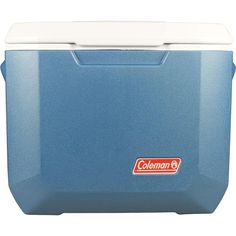 a blue and white cooler with the word coleman written on it's front side