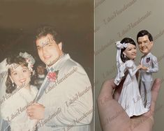 a hand holding a wedding cake topper next to an image of a bride and groom