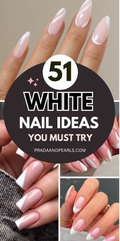 50+ Amazing White Nails For Your Next Manicure; cute white nails! This includes white nails with designs, white nails acrylic, white nails ideas, white nails short, white nails design, white nails almond, white nail designs, white nail ideas, white nail art & more! This also includes fun white nails, cute white nails, elegant white nails, white nails with glitter, white nails with rhinestones, almond nails white, white nails milky, elegant nails white & more! #whitenails #whitenailsacrylic #whitenailsideas Almond White Nails Design, Nude Nails With White Design, White Nail Polish Designs, Milky White Almond Nails