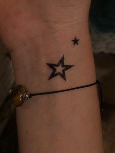 a small star tattoo on the wrist is shown in black and grey colors, with three smaller stars above it