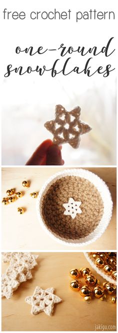 crochet snowflakes with text overlay that reads free crochet pattern one - pound snowflakes