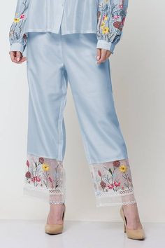 Blue shirt with placed floral thread embroidery, pleated bodice and pearl embellishments. Comes with embroidered pant. - Aza Fashions Floral Thread Embroidery, Pant For Women, Embroidered Pants, Pleated Bodice, Thread Embroidery, Pants Pattern, Embroidered Shirt, Shirt Collar, Blue Shirt