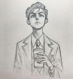 a drawing of a man in a suit and tie holding a cup with his hand