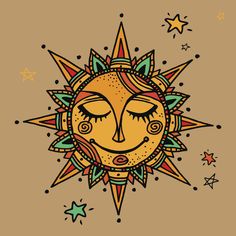 a drawing of a sun with eyes closed and stars in the sky around it on a brown background