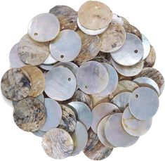 a pile of different types of seashells on a white background