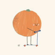 an orange is standing on wheels with its eyes closed and arms crossed, it looks like he's going to eat something