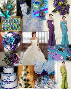 a collage of pictures with peacocks, flowers and dresses