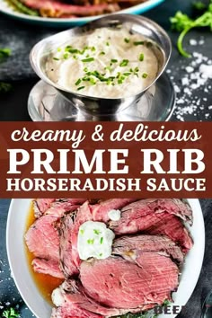 a plate of prime rib roast with horseradish sauce