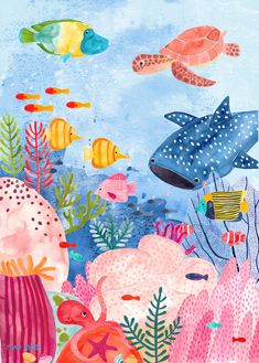 an underwater scene with fish, corals and other marine life on blue watercolor paper