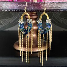 Dangle fringe colour block dark blue beads and vintage gold colour hoop earrings . Earrings size :- 9.0 cm x 2.0 cm. Thank you for visiting PastelGems Chain Fringe, Fringe Fashion, Wedding Gifts For Bridesmaids, Fashion Wedding, Wedding Jewelry Earrings, Gold Colour, Dangling Earrings, Colour Block, Bridesmaid Jewelry