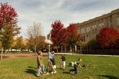 several people standing around in the grass near trees with red and yellow leaves on them