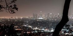 the city lights are lit up in the night sky from atop a hill with trees