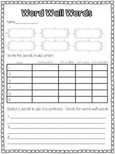 the word wall worksheet for students to practice spelling and writing their own words