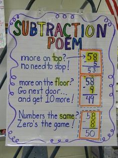 a sign that says subtraction poem and has numbers on the same page in front of it