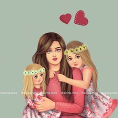 a painting of three girls hugging each other with hearts above them and the caption says, i love you