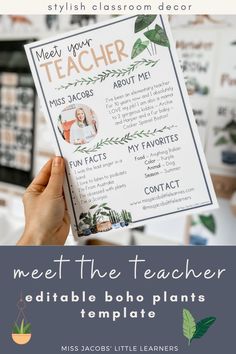 a person holding up a teacher's book with the title meet the teacher edible boho plants template