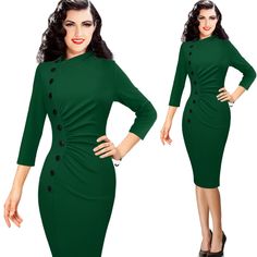 FREE SHIPPING Womens Vintage Pinup Retro Button Ruched Pleated Dress JKP3200 Solid Stretch Dresses With Buttons, Stretch Solid Color Dresses With Buttons, Stretch Solid Dresses With Buttons, Stretch Midi Dress With Buttons, Fitted Bodycon Dress With Buttons For Work, Retro Fitted Dresses With Buttons, Fitted Bodycon Dress With Buttons, Stretch Knee-length Dress With Buttons, Fitted Knee-length Bodycon Dress With Buttons