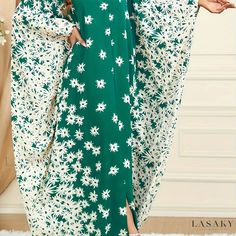 Lasaky - Womens Plus Size Kaftan Dress: A Sophisticated & Elegant Floral Print Batwing-Sleeved Maxi Jalabiya Dress with Round Neck & Split Hem Floral Print Long Sleeve Kaftan For Eid, Long Sleeve Floral Print Kaftan For Eid, Green Maxi Dress For Eid, Long Floral Print Dresses For Eid, Elegant Long Sleeve Printed Kaftan, Floral Print Vacation Dress For Eid, Floral Print Floor-length Maxi Dress For Eid, Floral Print Dress For Eid Vacation, Green Long Dress For Eid