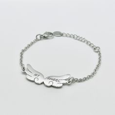 My Angel Baby Bracelet from New Born to Teen  Customize this charm bracelet with your one-of-a-kind engraving request. You can engrave a message of love to your baby on the front and the sender on the back! Each bracelet is handmade to order and a thoughtful gift for all occasions. This bracelet is the perfect gift. Each bracelet is one-of-a-kind and sentimental, making it a suitable gift for all kinds of occasions from Christmas, thanksgiving, anniversaries, to birthdays and more. Specification Personalized Metal Bracelets With Nameplate, Personalized Metal Nameplate Bracelets, Personalized Metal Name Bracelet As Gift, Personalized Metal Name Bracelet Gift, Personalized Metal Bracelets For Gifts, Personalized Metal Bracelets As Gifts, Metal Bracelets For Personalized Gifts, Personalized Metal Name Bracelet, Personalized Metal Charm Bracelet As Personalized Gift