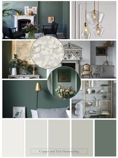 a collage of different shades of green and white with gold accents in the middle