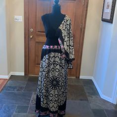 You Will Turn Heads In This Beautiful, Unusual Long Dress. Deep V Neck And Sleeveless On One Side & A Scarf Like Sleeve That Matched Skirt. Size M. Nwt Black Long Sleeve Dress With Flowy Skirt, Black Flowy Long Skirt Dress, Black Bohemian Dress With Flowy Skirt, Multicolor Printed V-neck Maxi Dress, Black V-neck Maxi Dress With Boho Print, Multicolor V-neck Maxi Dress With Paisley Print, Multicolor V-neck Maxi Dress With Abstract Print, Multicolor Abstract Print V-neck Maxi Dress, Printed Skirts