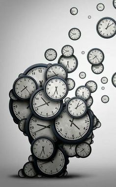 a bunch of clocks floating in the air with bubbles coming out of them on a gray background