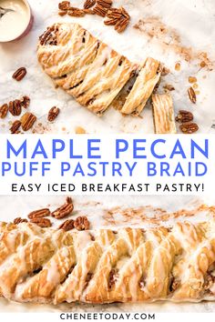 maple pecan puff pastry bread with icing and pecans