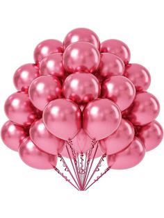 a bunch of pink balloons are in the shape of a pyramid on a white background